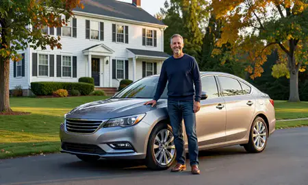 Customer with their delivered car in Cumberland Center, Maine, United States