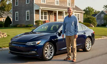 Car delivered to a driveway in Cumberland Center, Maine, United States