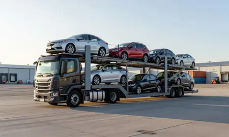 Car transporter loaded with vehicles in Cumberland Center, Maine, United States