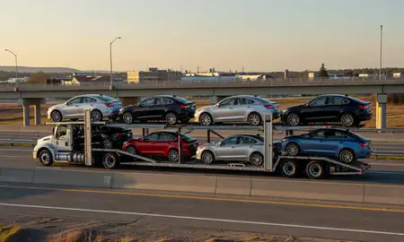 Car transporter with the Cumberland Center, Maine, United States skyline behind it