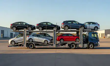 Car transporter parked in an industrial area of Ellsworth, Maine, United States