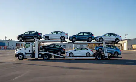 Car transporter loaded with vehicles in Ellsworth, Maine, United States