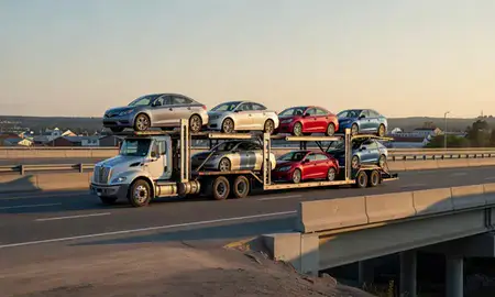 Car transporter with the Ellsworth, Maine, United States skyline behind it