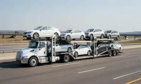 Multi-level car carrier on the highway to Gardiner, Maine, United States