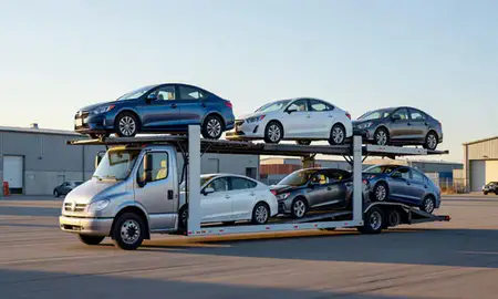Car transporter loaded with vehicles in Gardiner, Maine, United States