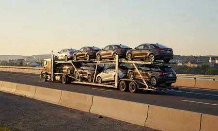 Car transporter with the Gardiner, Maine, United States skyline behind it