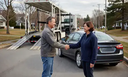 Vehicle owner beside their delivered car in Hallowell, Maine, United States