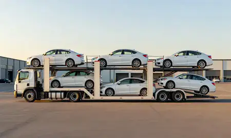 Car transporter parked in an industrial area of Hallowell, Maine, United States