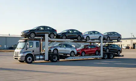 Car transporter loaded with vehicles in Hallowell, Maine, United States