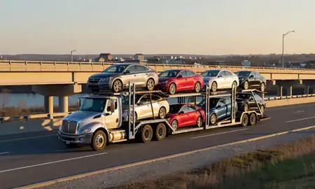 Car transporter with the Hallowell, Maine, United States skyline behind it