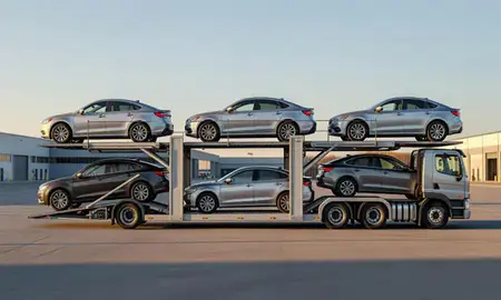 Car transporter parked in an industrial area of Lake Arrowhead, Maine, United States
