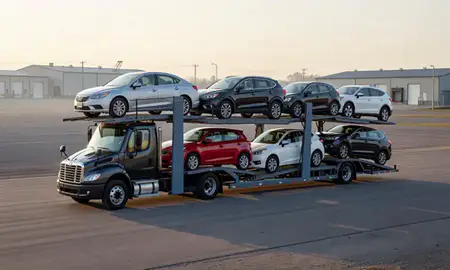Car transporter loaded with vehicles in Lake Arrowhead, Maine, United States