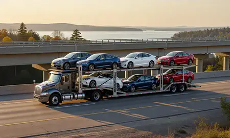 Car transporter with the Lake Arrowhead, Maine, United States skyline behind it