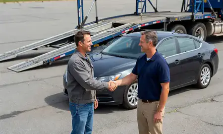 Vehicle owner beside their delivered car in Lewiston, Maine, United States