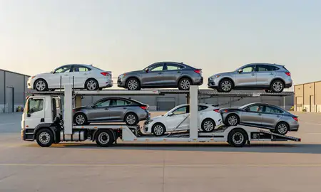 Car transporter parked in an industrial area of Lewiston, Maine, United States
