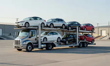 Car transporter loaded with vehicles in Lewiston, Maine, United States
