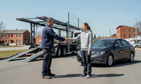 Vehicle owner beside their delivered car in Lisbon Falls, Maine, United States