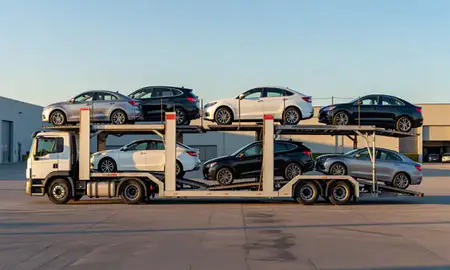 Car transporter parked in an industrial area of Lisbon Falls, Maine, United States