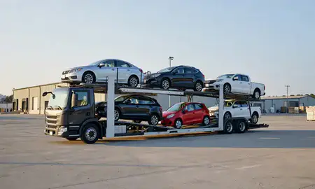 Car transporter loaded with vehicles in Lisbon Falls, Maine, United States