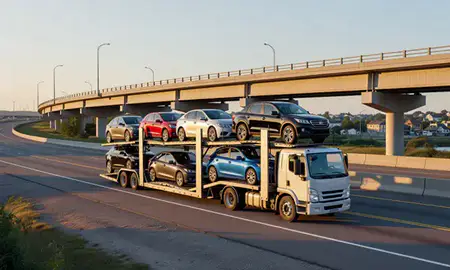 Car transporter with the Lisbon Falls, Maine, United States skyline behind it