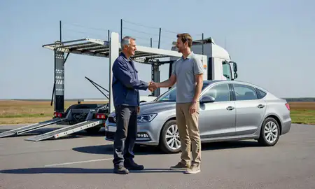 Vehicle owner beside their delivered car in Lisbon, Maine, United States