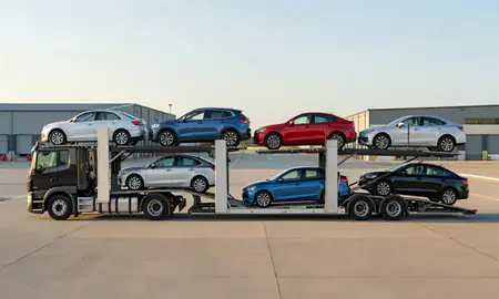 Car transporter parked in an industrial area of Lisbon, Maine, United States