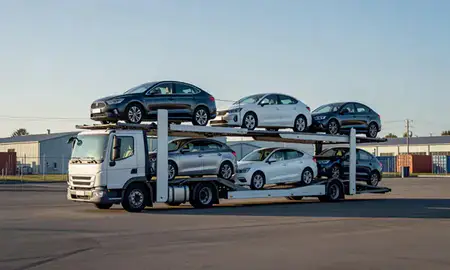 Car transporter loaded with vehicles in Lisbon, Maine, United States