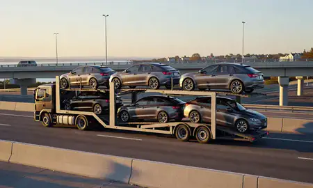 Car transporter with the Lisbon, Maine, United States skyline behind it