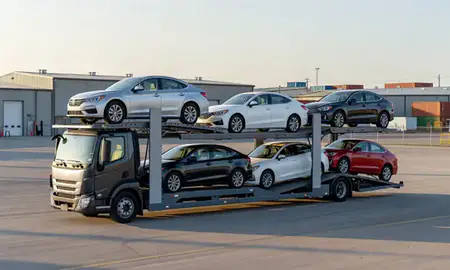 Car transporter loaded with vehicles in North Windham, Maine, United States