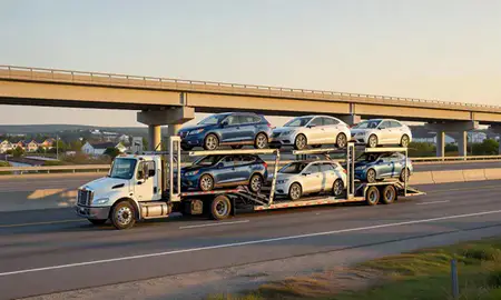 Car transporter with the North Windham, Maine, United States skyline behind it