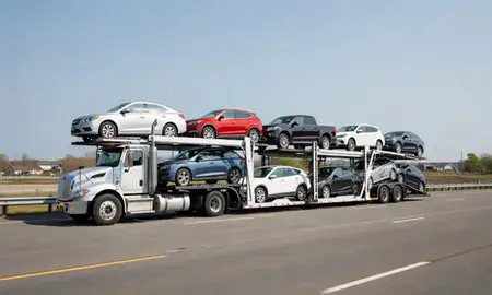 Multi-level car carrier on the highway to Old Town, Maine, United States