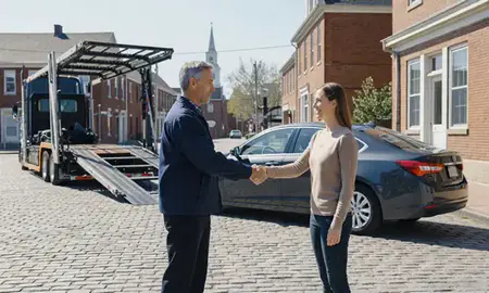 Vehicle owner beside their delivered car in Old Town, Maine, United States