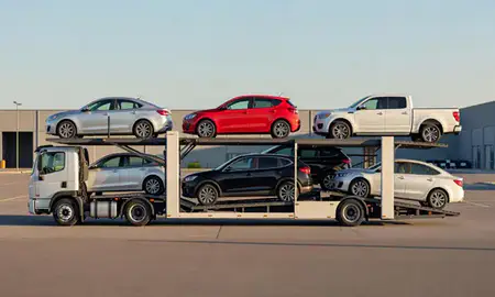 Car transporter parked in an industrial area of Old Town, Maine, United States