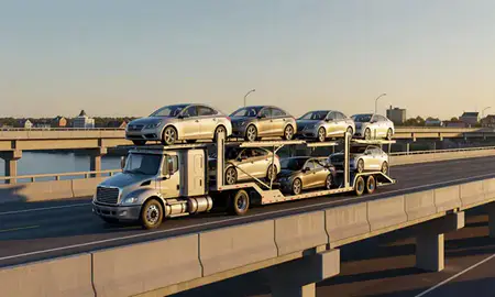 Car transporter with the Old Town, Maine, United States skyline behind it