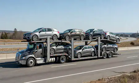 Multi-level car carrier on the highway to Portland, Maine, United States