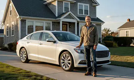 Customer with their delivered car in Portland, Maine, United States