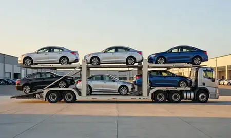 Car transporter parked in an industrial area of Portland, Maine, United States