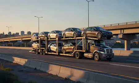 Car transporter with the Portland, Maine, United States skyline behind it