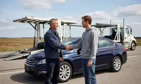 Vehicle owner beside their delivered car in Presque Isle, Maine, United States