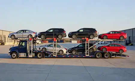 Car transporter parked in an industrial area of Presque Isle, Maine, United States