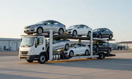 Car transporter loaded with vehicles in Presque Isle, Maine, United States
