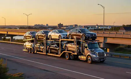 Car transporter with the Presque Isle, Maine, United States skyline behind it
