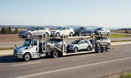 Multi-level car carrier on the highway to Rockland, Maine, United States