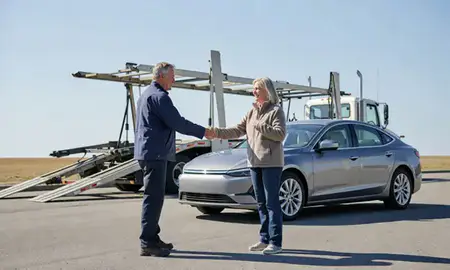 Vehicle owner beside their delivered car in Rockland, Maine, United States