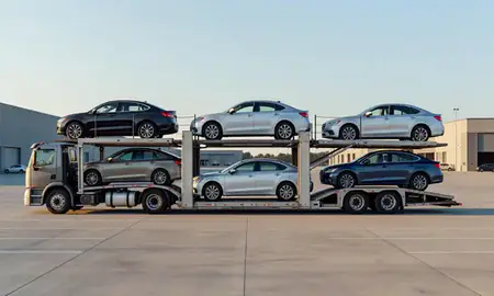 Car transporter parked in an industrial area of Rockland, Maine, United States