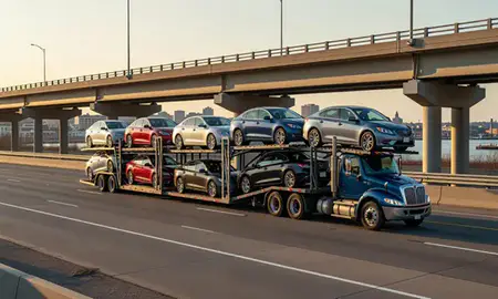 Car transporter with the Rockland, Maine, United States skyline behind it