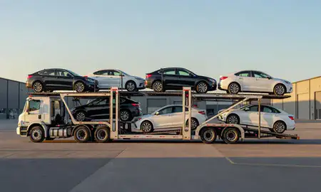Car transporter parked in an industrial area of Saco, Maine, United States