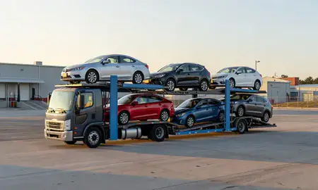 Car transporter loaded with vehicles in Saco, Maine, United States