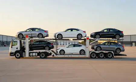 Car transporter parked in an industrial area of Sanford, Maine, United States