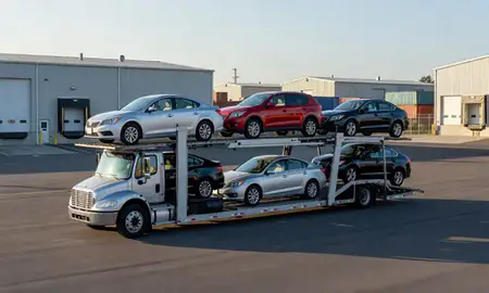 Car transporter loaded with vehicles in Sanford, Maine, United States